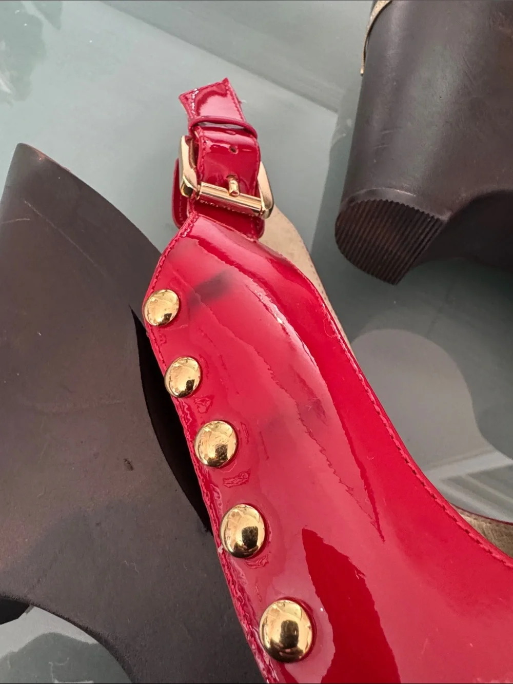 Michael Kors Red Patent Leather Open-Toe Slingback Heels with Gold MK Accent